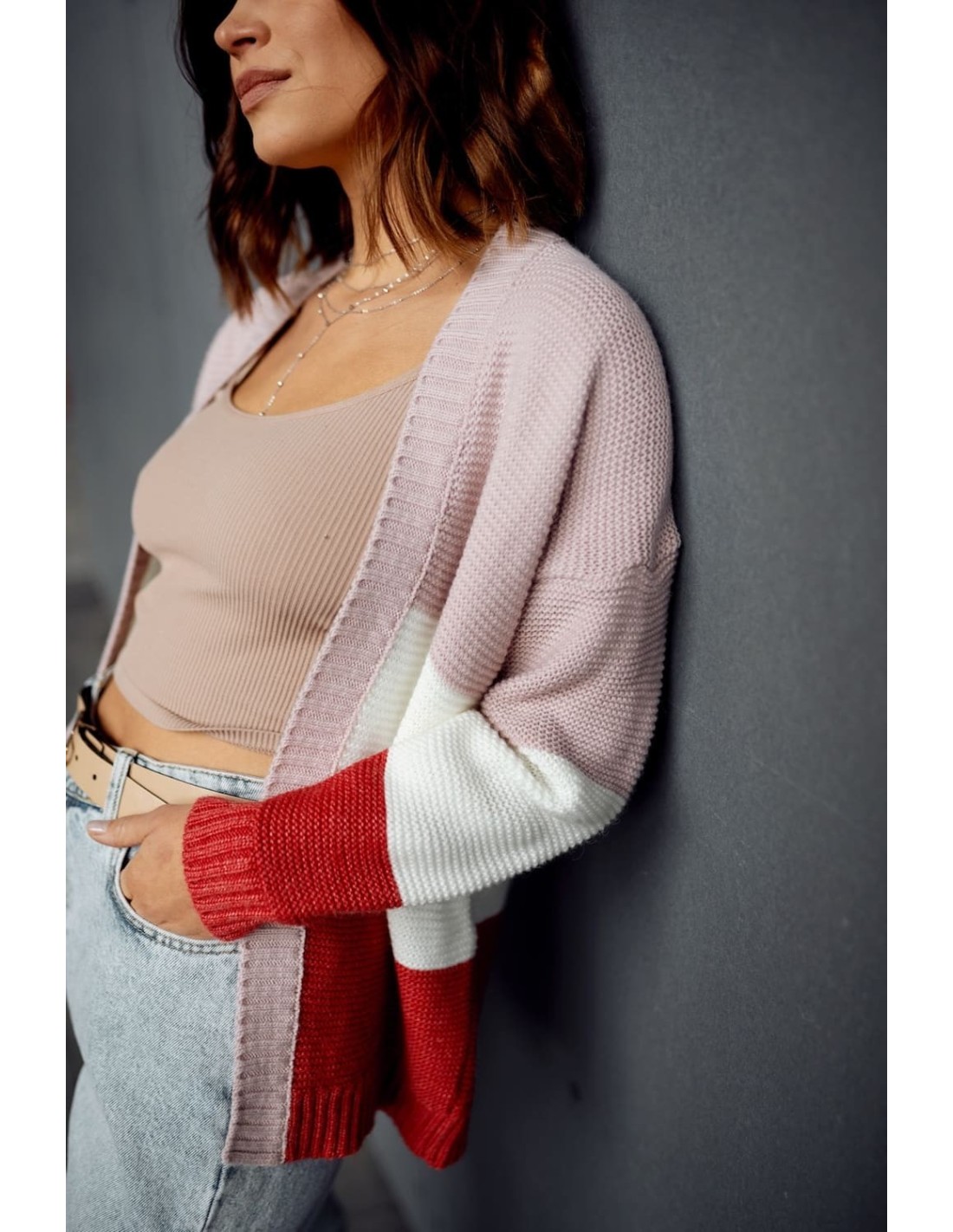 Cardigan scurt tricolor, roz inchis si rosu 3211070 - Magazin online - Boutique